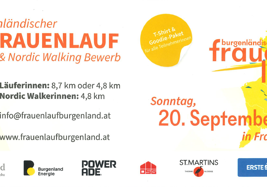 Flugblatt für den Burgenlandischen Nordic Walking Frauenlauf. Zwei Routen verfügbar: 8,7 km oder 4,8 km. T-Shirt und Goodie-Paket für Teilnehmer. Webseite: frauenlaufburgenland.at.