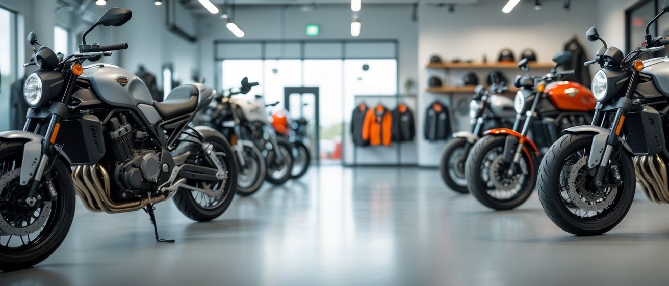 Motorräder stehen in einer Ausstellungshalle mit Jacken an Kleiderbügeln und Helmen an Regalen. Der Boden ist sauber und glänzend.
