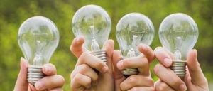 Vier Hände halten vier Glühbirnen mit grünem Hintergrund hoch. Die Glühbirnen leuchten und haben das Filament im Inneren.
