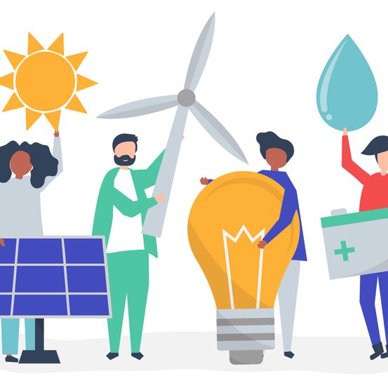 Eine Gruppe von Menschen steht um eine gelbe Glühbirne und hält ein Solarpanel, eine Windturbine, eine Wassertropfen und einen Akku.