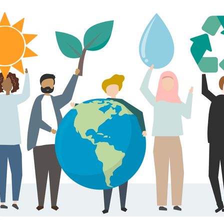 Illustration von Menschen, die Symbole von Sonne, Baum, Wasser und Recycling hochhalten, während eine Person einen Globus hält.