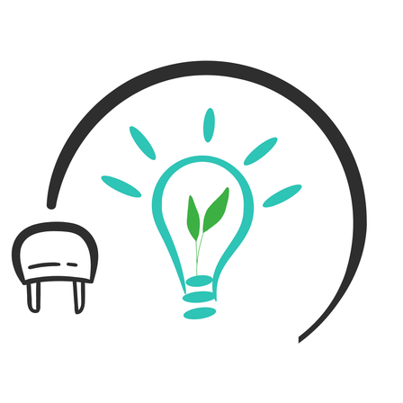 Eine Illustration einer Glühbirne mit einem aus ihr sprießenden Blatt, umgeben von Lichtstrahlen, und einem Stecker auf der linken Seite.