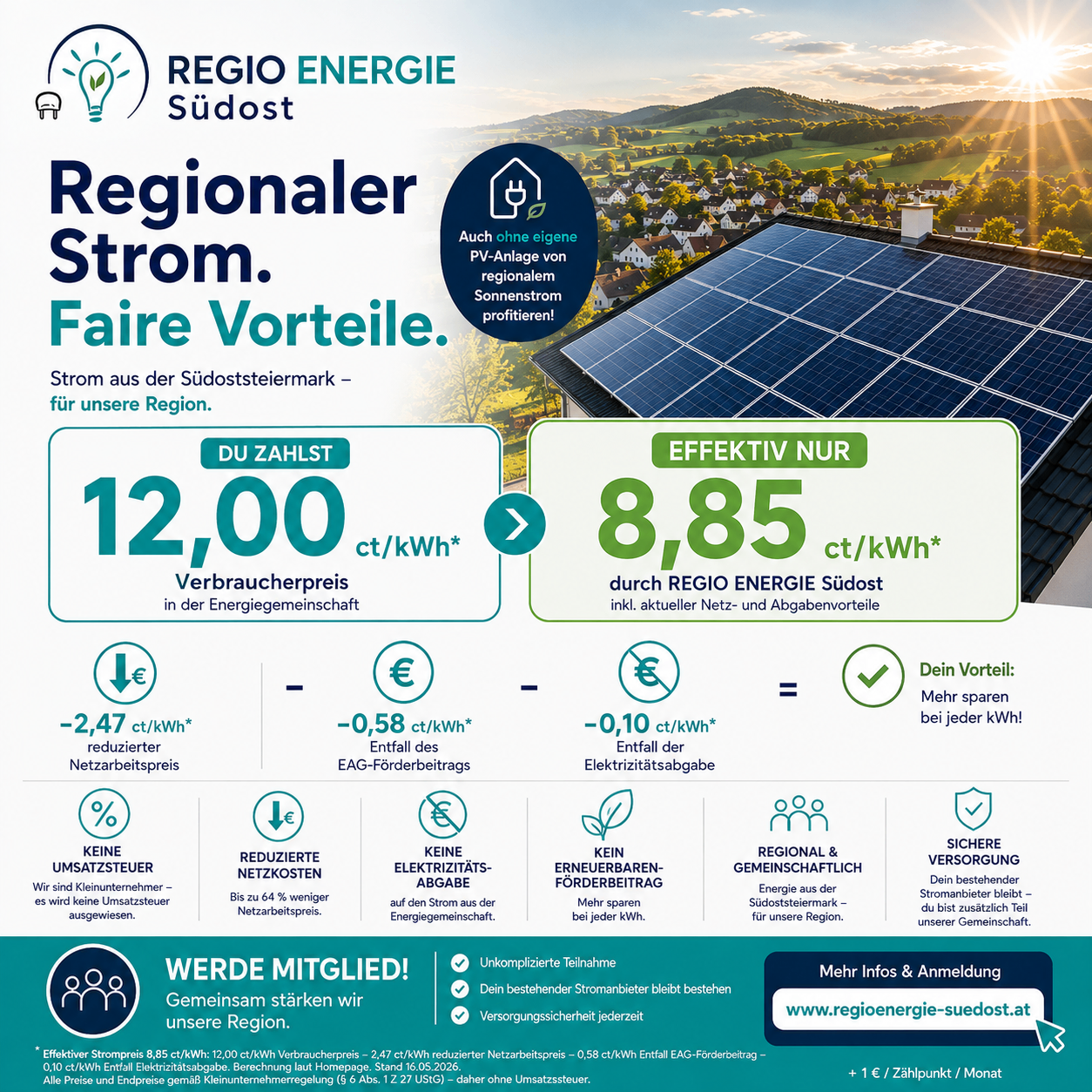 An advertisement for REGIO ENERGIE Sudost, highlighting regional electricity benefits. It features solar panels, a house, and a green landscape. The ad includes pricing details and savings information.