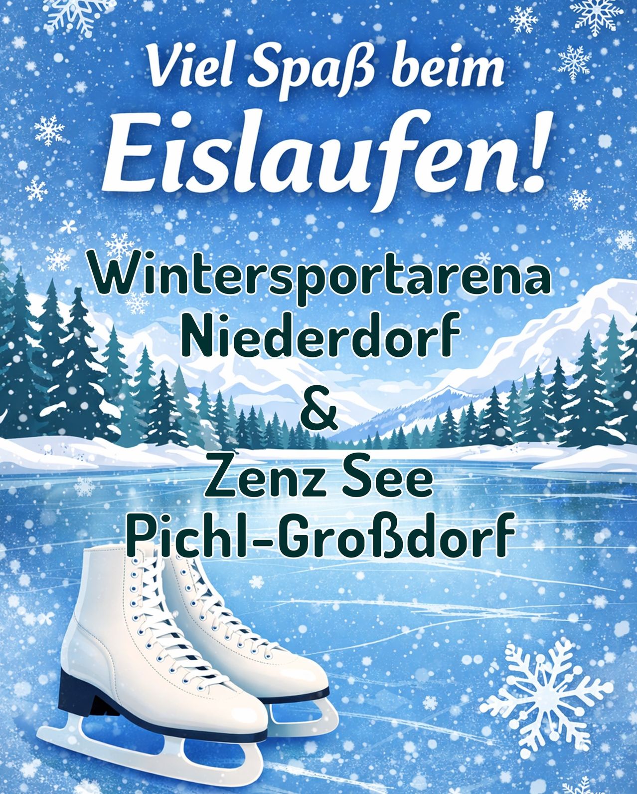 Ein Werbeplakat zum Eislaufen mit dem Slogan 'Viele Stunden Spaß beim Eislaufen'. Es zeigt ein Paar Eislaufschuhe auf einer Eisbahn mit einer verschneiten Landschaft im Hintergrund.