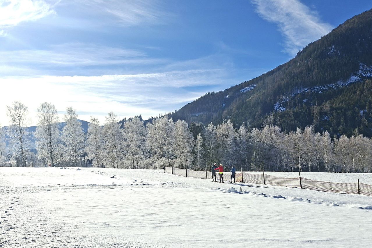 Three people dressed in winter clothes stand near a fence in a snowy landscape with a mountain in the background.