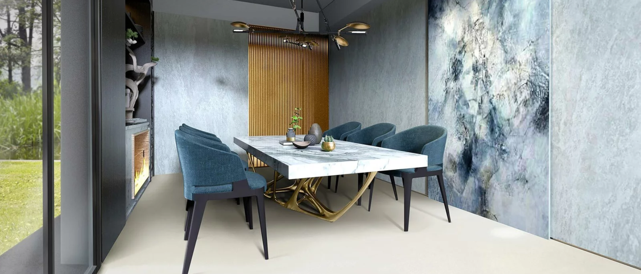 Bild enthält, Indoors, Interior Design, Furniture, Table, Dining Room, Dining Table, Tabletop, Floor, Chair, Wood Panels