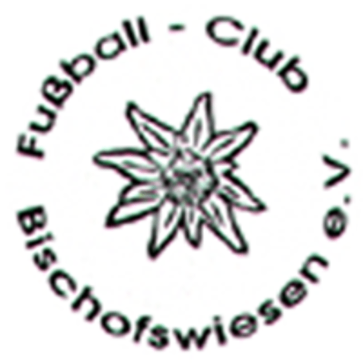 Das Bild zeigt ein kreisförmiges Emblem mit grünem Text, der oben 'Fussball - Club Bischoffwiesen e.V.' lautet, und einer stilisierten Blume in der Mitte. Das Emblem ist auf weißem Hintergrund.
