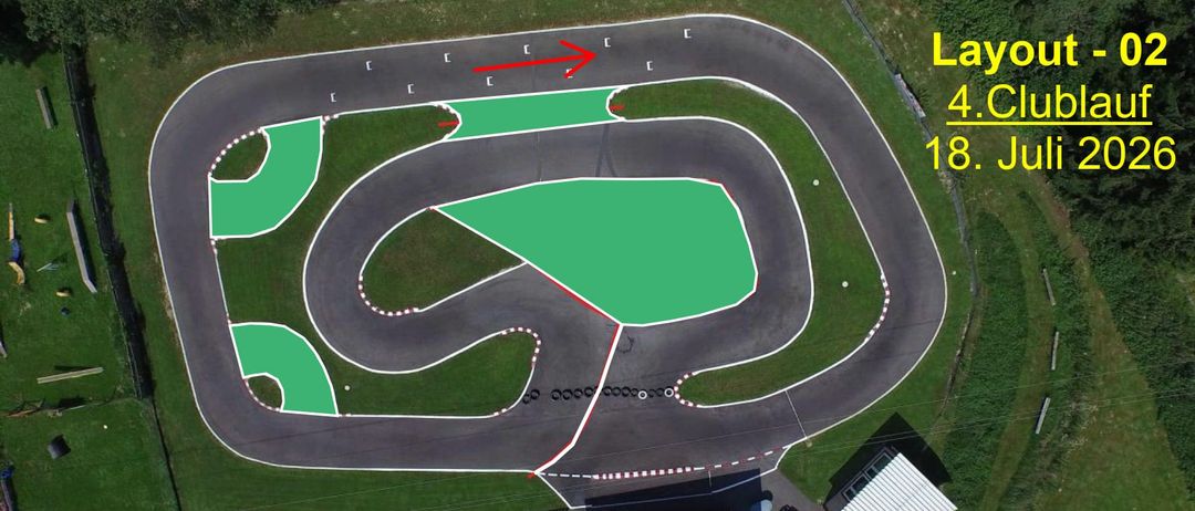 Luftaufnahme einer Rennstrecke mit grünen und roten Markierungen, die verschiedene Bereiche anzeigen. Rote Pfeile zeigen auf bestimmte Abschnitte. Gebäude und Grünflächen umgeben die Strecke.