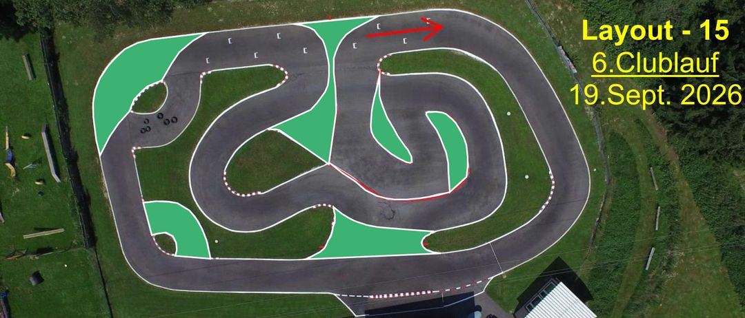 Eine Rennstrecke mit grünen und roten Markierungen, ein roter Pfeil nach links und die Zahl 1 oben rechts.