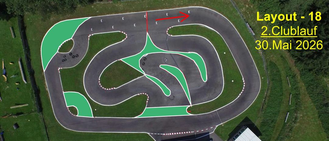 Luftaufnahme einer Rennstrecke mit grünen und roten Markierungen, rote Pfeile zeigen die Richtung an. Gebäude und eine Überdachung sind an der Seite.