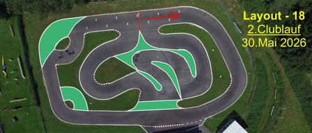 Luftaufnahme einer Rennstrecke mit grünen und roten Markierungen, rote Pfeile zeigen die Richtung an. Gebäude und eine Überdachung sind an der Seite.