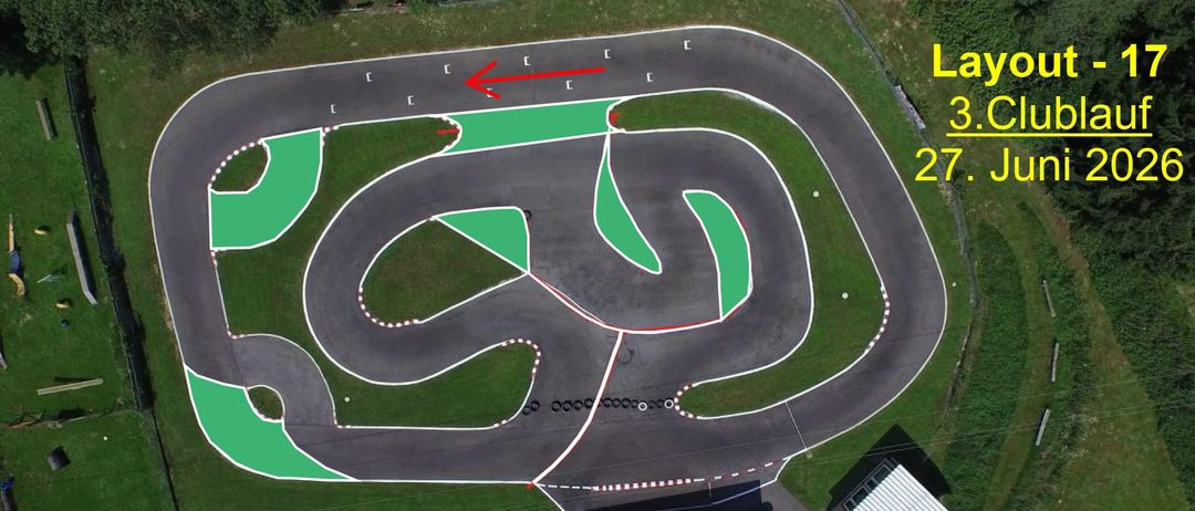 Luftaufnahme einer Rennstrecke mit markierten grünen Bereichen, umgeben von Gras, einem Gebäude und der Zahl 2 in der Ecke. Rote und weiße Linien definieren die Strecke.