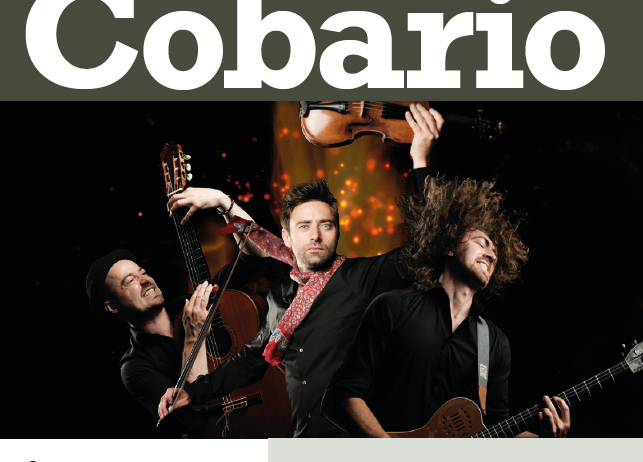 Plakat für das Cobario Konzert in St. Martin i. I. am 18. April 2026 um 20:00 Uhr. Zeigt drei Männer, die Gitarre und Geige spielen. Tickets unter www.inntrada.at.