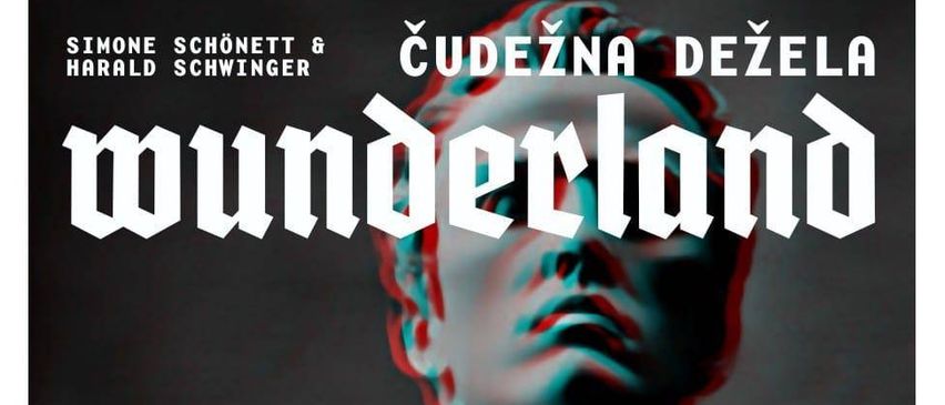 Plakat für 'Wanderer' zeigt das Gesicht eines Mannes in 3D-Effekt mit roten und blauen Linien. Es enthält Termine und Zeiten für Aufführungen im Jahr 2026, Namen der Autoren des Stücks und einen QR-Code.