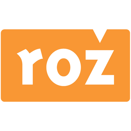 Orangefarbenes Rechteck mit dem Wort 'roz' in weißer Schrift im Inneren. Das Wort ist stilisiert mit einem geschwungenen 'r' und 'z' mit einem Absteiger.