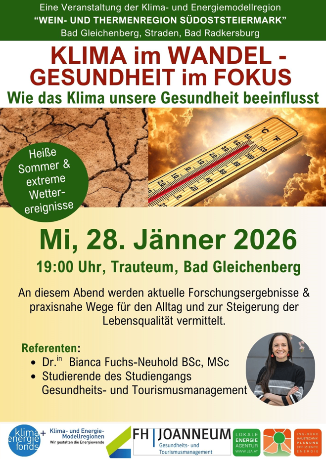 Plakat für eine Veranstaltung am 28. Januar 2026, die bespricht, wie sich der Klimawandel auf die Gesundheit auswirkt. Es zeigt ein Thermometer, eine lächelnde Frau und Text auf Deutsch über aktuelle Forschung und praktische Lösungen.