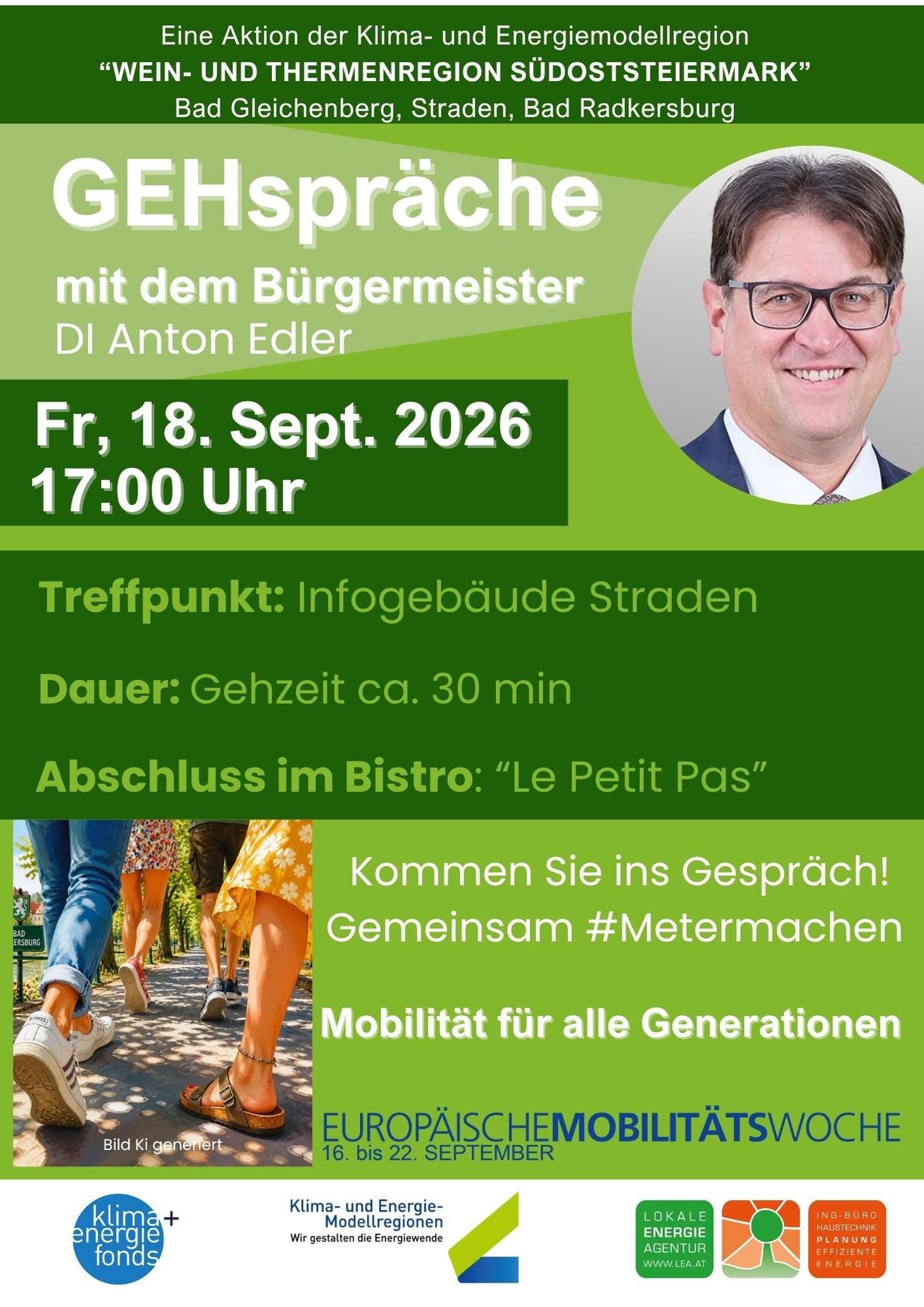 Poster for a meeting with Mayor Anton Edler on September 18, 2026, at 17:00. The meeting will take place at Infogebaude Straden, last about 30 minutes, and conclude at Le Petit Pas Bistro.