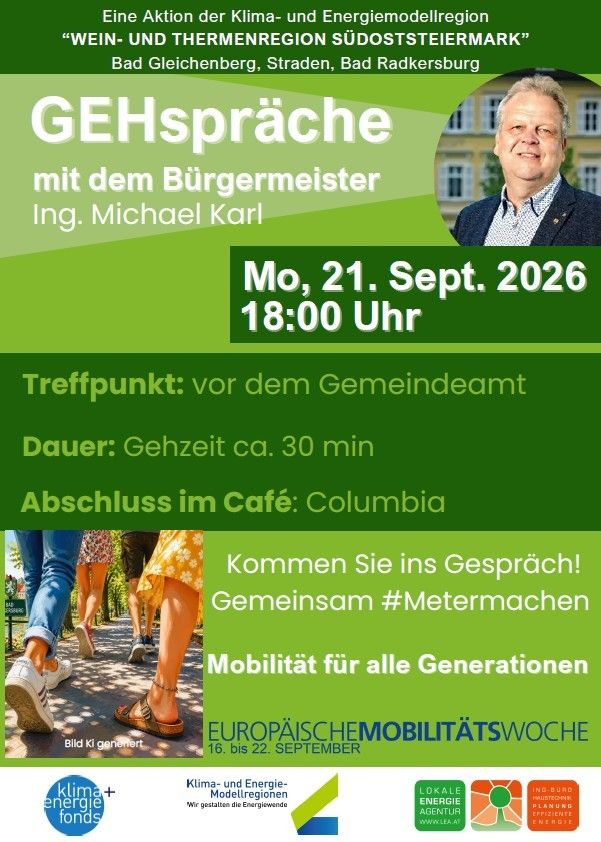 Poster for GEHspräche event with Mayor Michael Karl, scheduled for September 21, 2026, at 18:00. The meeting will take place in front of the community office, lasting about 30 minutes, concluding at the Columbia Cafe. The event is part of the European Mobility Week.