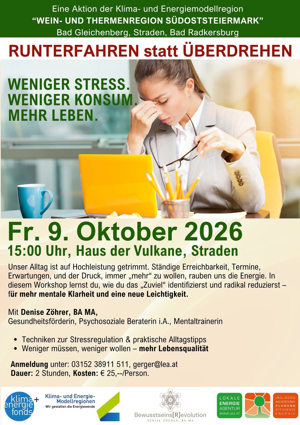 A woman in a business suit is sitting at a desk, holding her head with her hand, and looking at a laptop. The image has a text overlay with the date and time of an upcoming workshop.