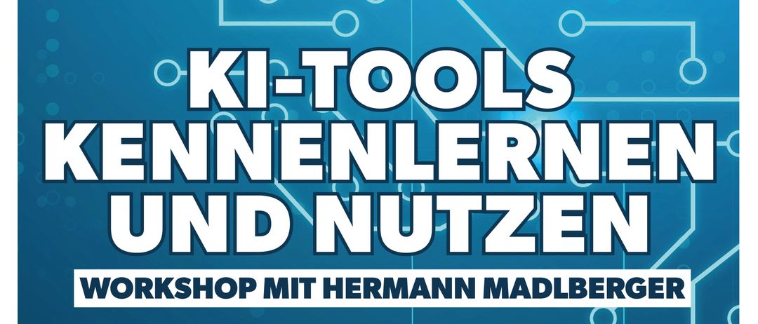 Ein Plakat für ein Workshop über KI-Tools mit dem Titel 'KI-Tools kennenlernen und nutzen'. Drei Termine: 14.11.2025; 26.11.2025; 27.11.2025. Zeiten von 16.00 bis 19.00 Uhr. Ort: Gemeinderatssaal, Rathaus Eisenstadt, 3. Stock. Anmeldung erforderlich. Kontaktinformationen vorhanden. Wichtig: Bringen Sie Ihr Notizbuch, Tablet oder Smartphone mit.
