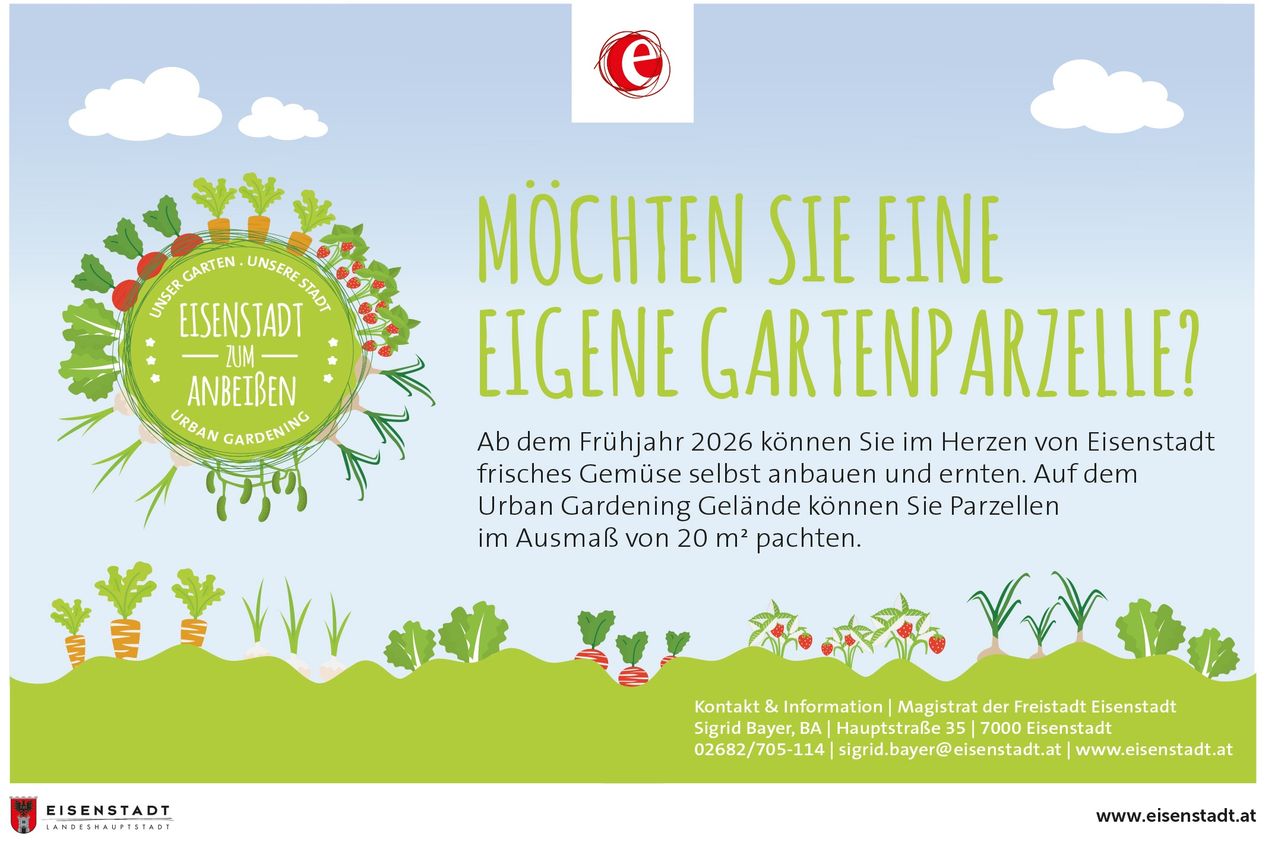 Werbeanzeige für Urban Gardening-Parzellen. Frühjahr 2026, frisches Gemüse auf 20 m² Parzellen anbauen. Kontakt Magistrat der Freistadt.