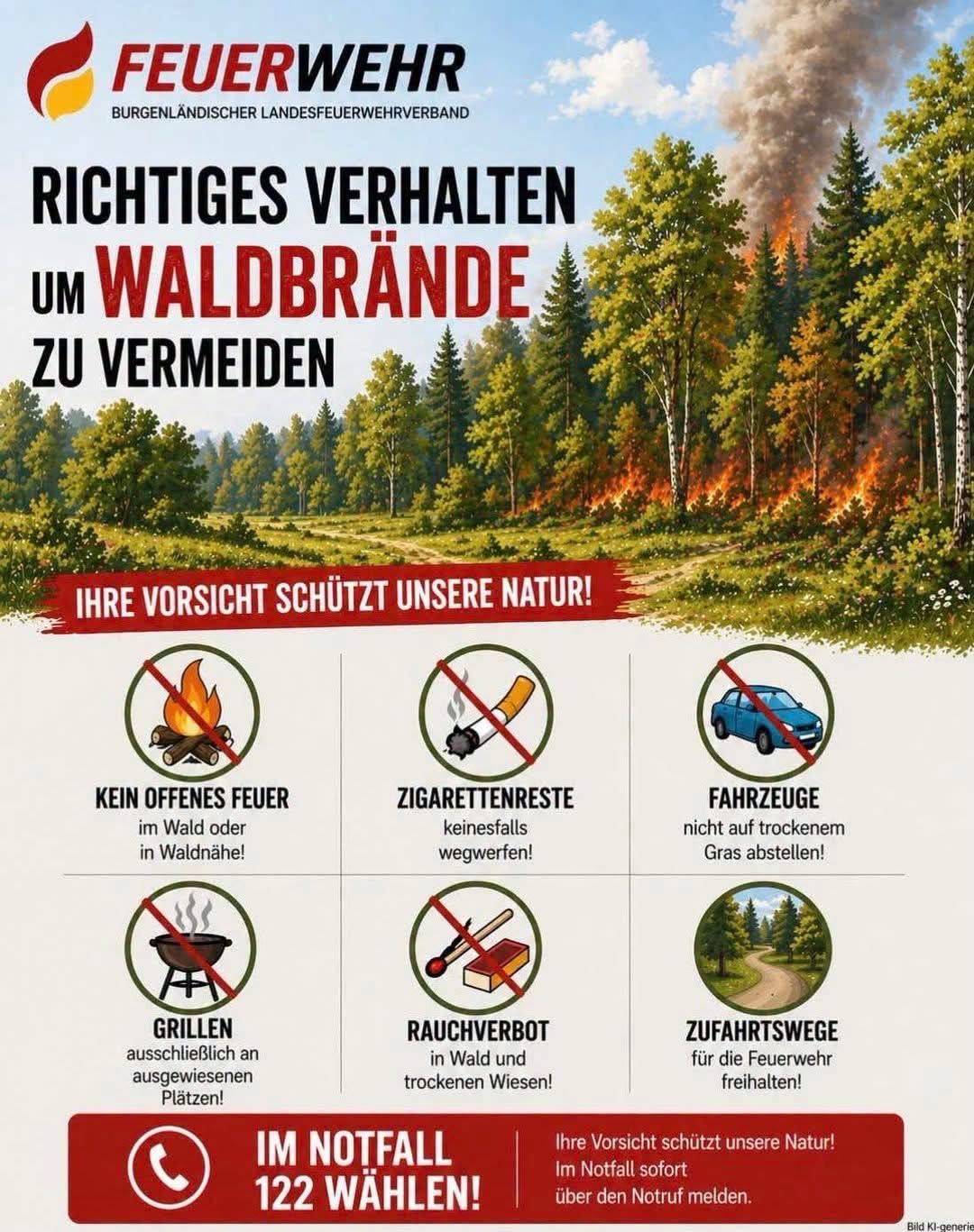 An infographic with a forest fire background showing safety tips to prevent forest fires. It includes prohibitions on open fires, grilling, smoking, and vehicles on dry grass. It emphasizes the importance of caution to protect nature.