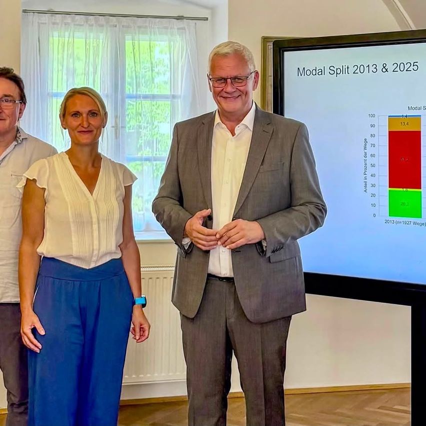 Drei Personen stehen vor einer Präsentationsfolie mit einem Balkendiagramm mit dem Titel 'Modal Split 2013 & 2025'. Der Mann in der Mitte trägt eine Brille und einen Anzug, während die Frau an seiner linken Seite ein weißes Blusenshirt und blaue Hosen trägt. Der Mann links trägt ein weißes Hemd.