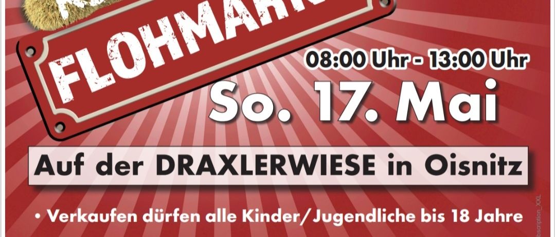 Plakat für einen Kinderflohmarkt. Es zeigt einen roten Hintergrund mit einem Teddybär, einem Schild mit 'Kinder Flohmarkt' und Details über die Veranstaltung.