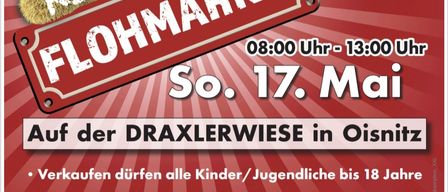 Plakat für einen Kinderflohmarkt. Es zeigt einen roten Hintergrund mit einem Teddybär, einem Schild mit 'Kinder Flohmarkt' und Details über die Veranstaltung.