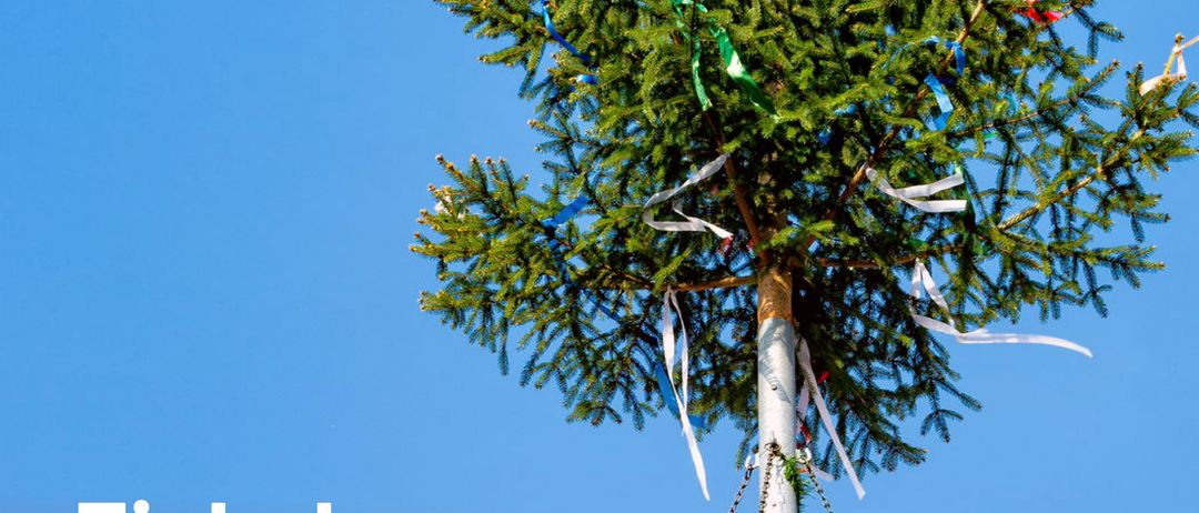 Poster mit einem Baum, der mit Bändern geschmückt ist. Es steht 'Einladung zur Maifeier, Fr, 1. Mai'. Der Baum ist geschmückt vor einem klaren blauen Himmel.