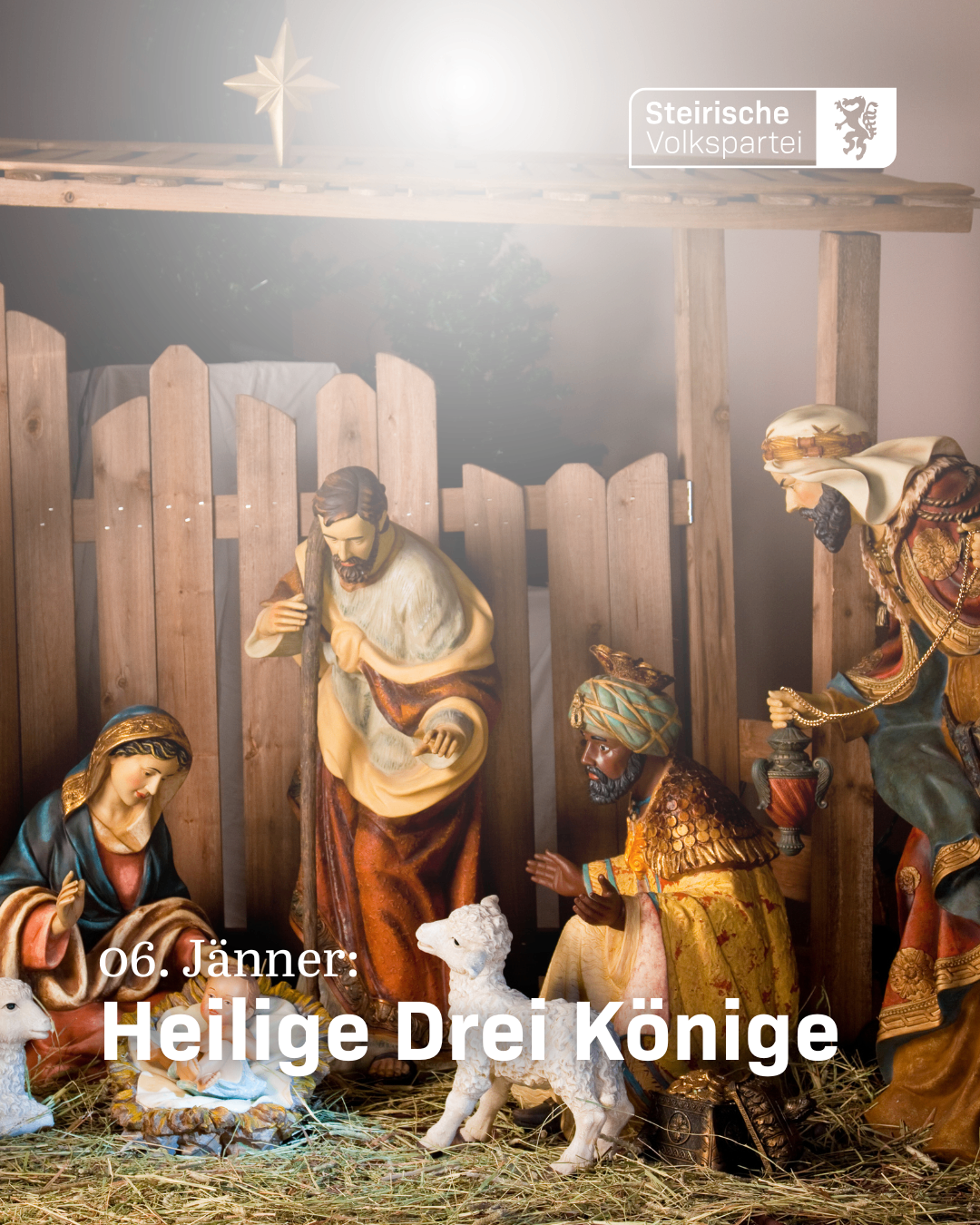 Eine Krippe mit Josef, Maria, Jesus und drei Weisen. Datum: 6. Januar, Heilige Drei Könige.