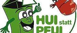 Eine Cartoon-Abbildung eines grünen Mülleimers mit Daumen hoch und einem roten Mülleimer mit traurigem Gesicht. Es hat den Text 'HUI statt PFU' in grünen Buchstaben.