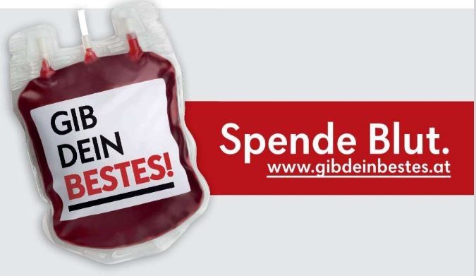 Ein Blutspendebeutel mit der Aufschrift 'Gib Dein Bestes!' auf rotem Hintergrund und einer Website für Blutspenden.