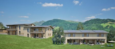 Eine Darstellung eines Hangs mit zwei modernen Häusern. Eines hat einen Balkon mit Gartenmöbeln und das andere hat Solarpanels auf dem Dach. Vorne gibt es Bäume, Pflanzen und eine grasbewachsene Wiese. Im Hintergrund befinden sich Berge.