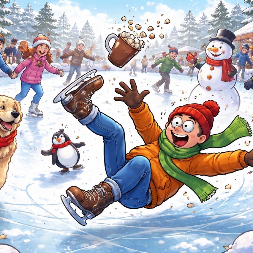 Ein Junge rutscht auf einer Eisbahn und fällt, ein Hund, ein Pinguin und andere sind in der Nähe. Ein Schneemann und ein Mädchen, das Händchen hält, sind im Hintergrund.