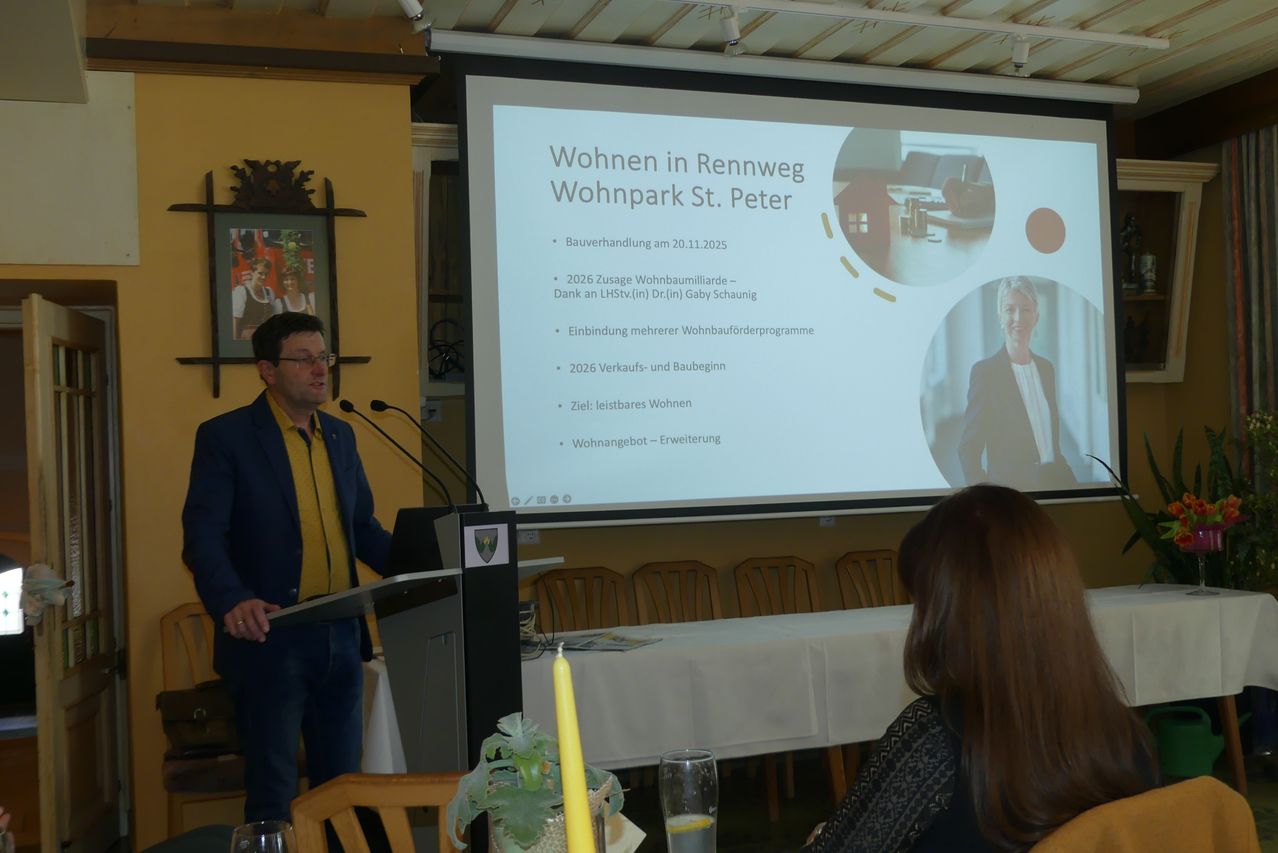 Ein Mann in einem gelben Hemd spricht an einem Rednerpult mit einem Mikrofon. Eine Projektionsleinwand hinter ihm zeigt Informationen über ein Wohnbauprojekt im Rennweg Wohnpark St. Peter.