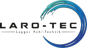 Das Laro-Tec Logo zeigt ein blaues wellenförmiges Design in einem runden Rahmen auf schwarzem Hintergrund. Der Name 'Laro-Tec' ist in fetten weißen Großbuchstaben geschrieben, darunter steht 'Lagger Robot Technik' in kleineren blauen Großbuchstaben.