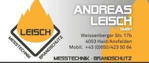 Eine Visitenkarte mit einem gelben Flammenlogo, mit dem Namen Andreas Leisch, Adresse Weissenberger Str. 1, 4053 Haid/Ansfeld, und Kontaktdaten einschließlich der Mobilnummer +43 (0)650/423 50. Die Website ist www.leisch.net und die E-Mail ist office@leisch.net.