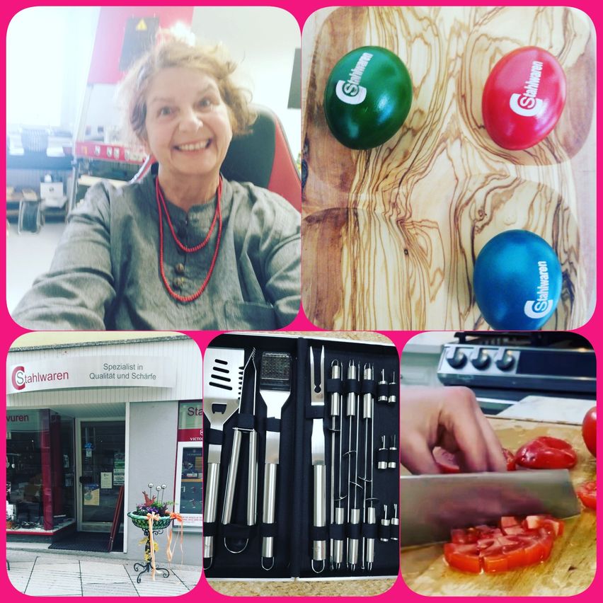 Eine lächelnde Frau in einem grauen Shirt mit einer roten Halskette, ein Bild eines Geschäfts, ein Satz Küchenutensilien und eine Person, die eine Tomate schneidet.
