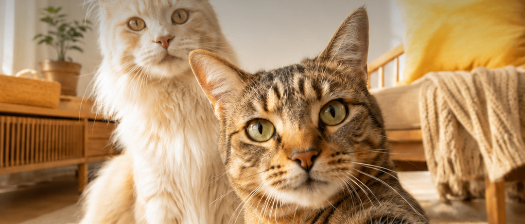 Zwei Katzen sitzen auf einem Teppich, eine ist weiß und die andere ist braun mit grünen Augen. Ein rotes Schild über ihnen steht 'Tag der Katze' und '-15% Rabatt'. Ein rotes Spielzeug ist auf dem Teppich.