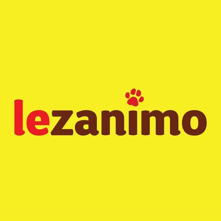 Auf einem gelben Hintergrund steht das Wort 'lezanimal' in Rot und Braun, mit einem roten Pfotenabdruck darüber.