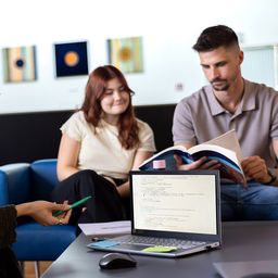 Bild enthält, Person, Adult, Male, Man, Female, Woman, Conversation, Face, Laptop, Glasses