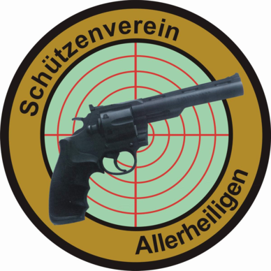 Das Logo eines Schützenvereins zeigt eine Pistole in der Mitte, umgeben von einem Ziel. Die Worte 'Schützenverein' und 'Allerheiligen' sind in einem Kreismuster geschrieben.