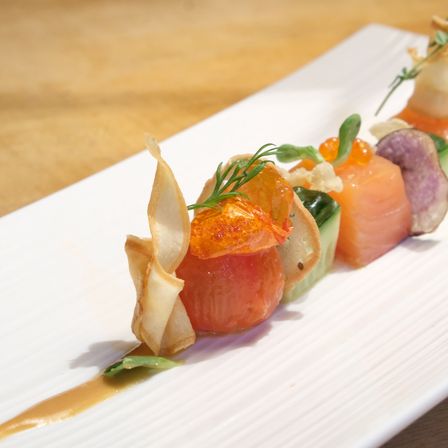 Ein Teller mit einer farbenfrohen Sashimi-Arrangement auf einem Holztisch, bestehend aus Lachs, Radieschen und Kräutern.