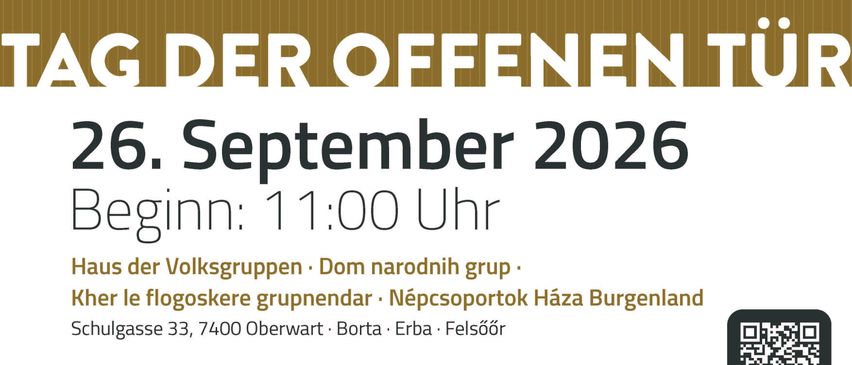 Poster advertising an event called 'Tag der Offenen Tuer' in Burgenland, scheduled for September 5, 2026, starting at 11:00 AM. The location is listed as NÃ©pcsoportok HÃ¡za Burgenland.