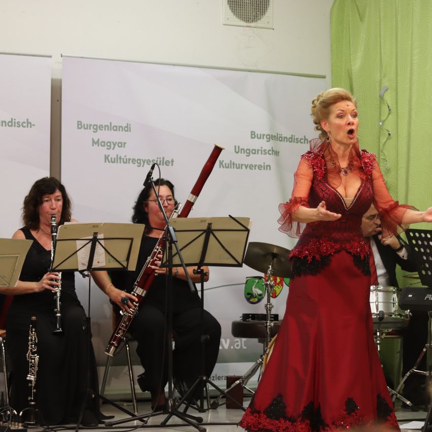 Eine Frau in einem roten Kleid singt auf der Bühne, während eine Frau im Hintergrund Oboe spielt. Dahinter spielen zwei weitere Frauen Klarinette. Die Bühne ist mit Mikrofonen, Notenständern und einem Schlagzeug ausgestattet.