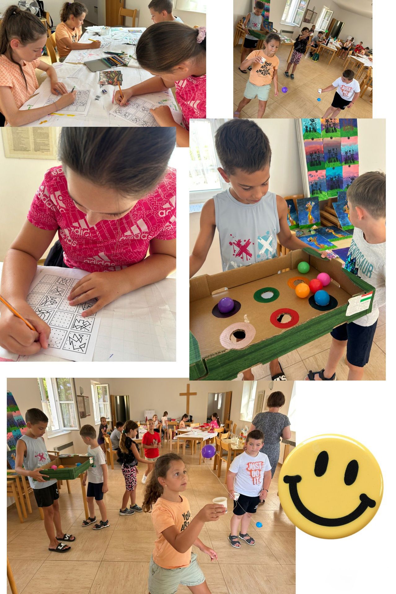 Eine Collage von Kindern, die verschiedene Aktivitäten ausführen. Ein Kind färbt eine Seite ein, ein anderes spielt mit einem Ball-Labyrinth, und andere nehmen an einer Klassenzimmersituation teil.