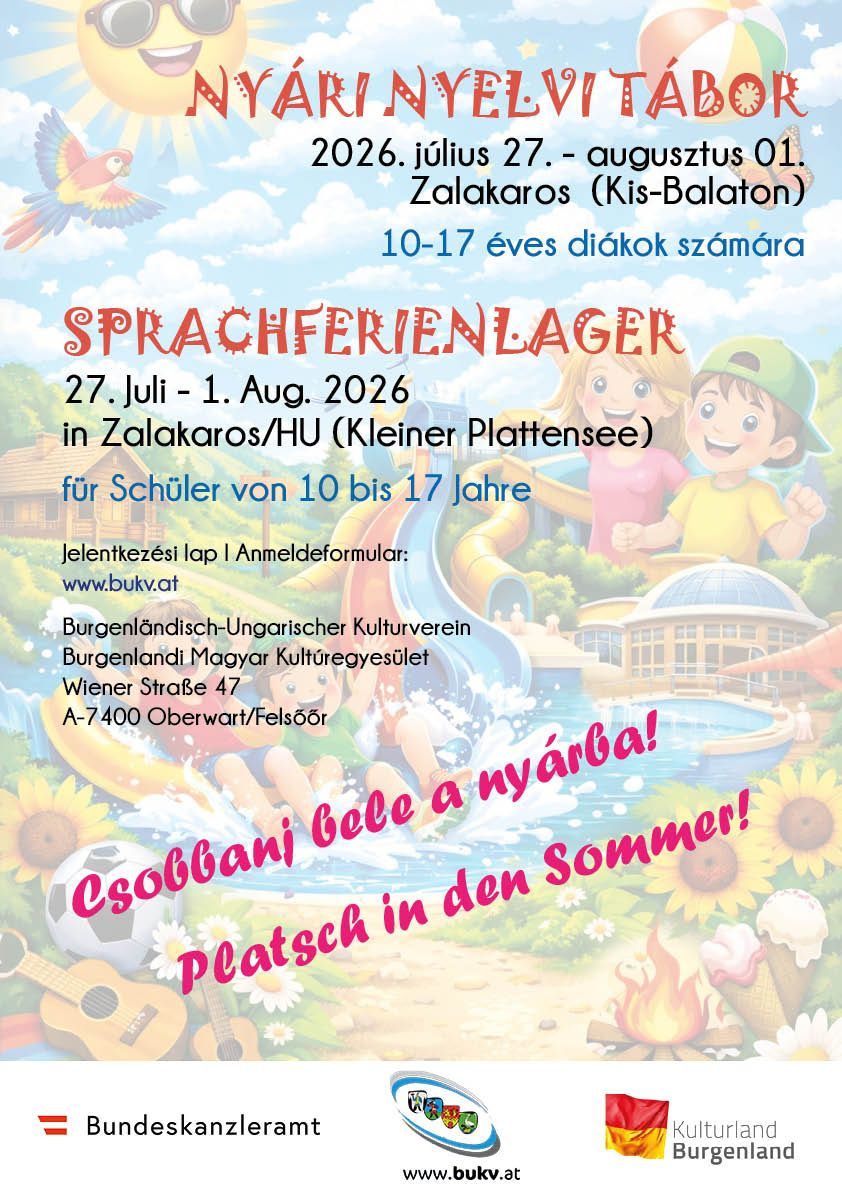 Sprachferienlager in Zalakaros vom 27. Juli bis 1. August 2026 für Schüler von 10 bis 17 Jahren. Anmeldung unter www.bukv.at.