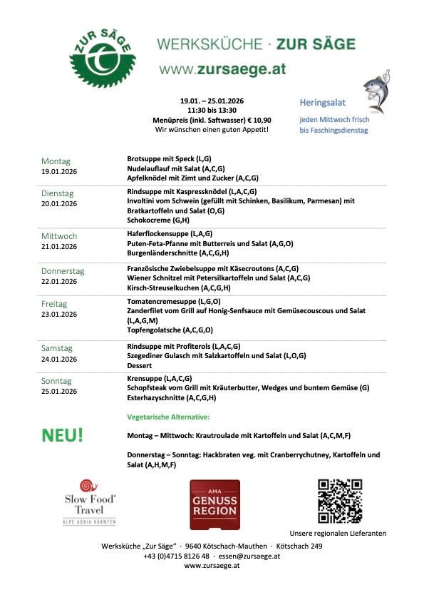 Menu for the week from 19.01. to 25.01.2026. Each day features a main dish and a vegetarian option. The menu includes fish soup, pork chops, beef dishes, and other meals. Monday to Wednesday offers Krautroulade with potatoes and salad. Thursday to Sunday features buckwheat groats with cranberries, potatoes, and salad. The kitchen is open from 11:30 to 13:30, with a meal price of €10.90.