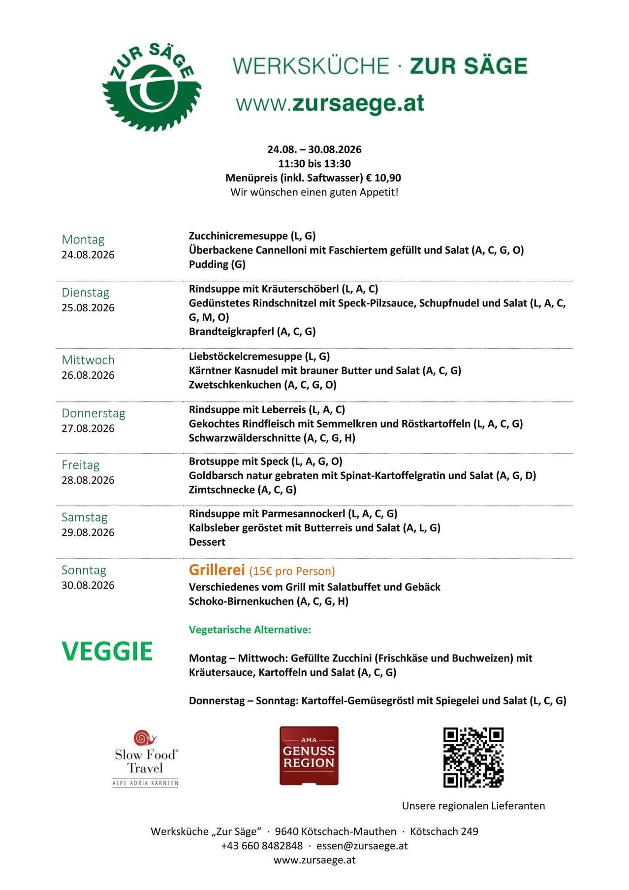 Wöchentliches Menü für die Woche vom 24. August 2026, einschließlich vegetarischer Optionen. Gerichte umfassen Zucchinicremesuppe, Rindereintopf mit Gemüse und mehr. Preise und Ernährungseinschränkungen sind vermerkt.